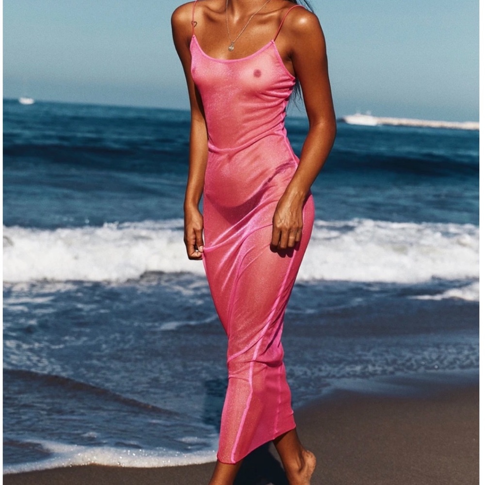 The Naked Tiger Gloria Flura Pink Mesh Maxi Dress Cover Up Dress Bright Pink